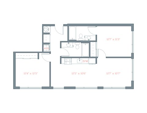 Floor plan for 2 beds, 2 baths, 880 sqft